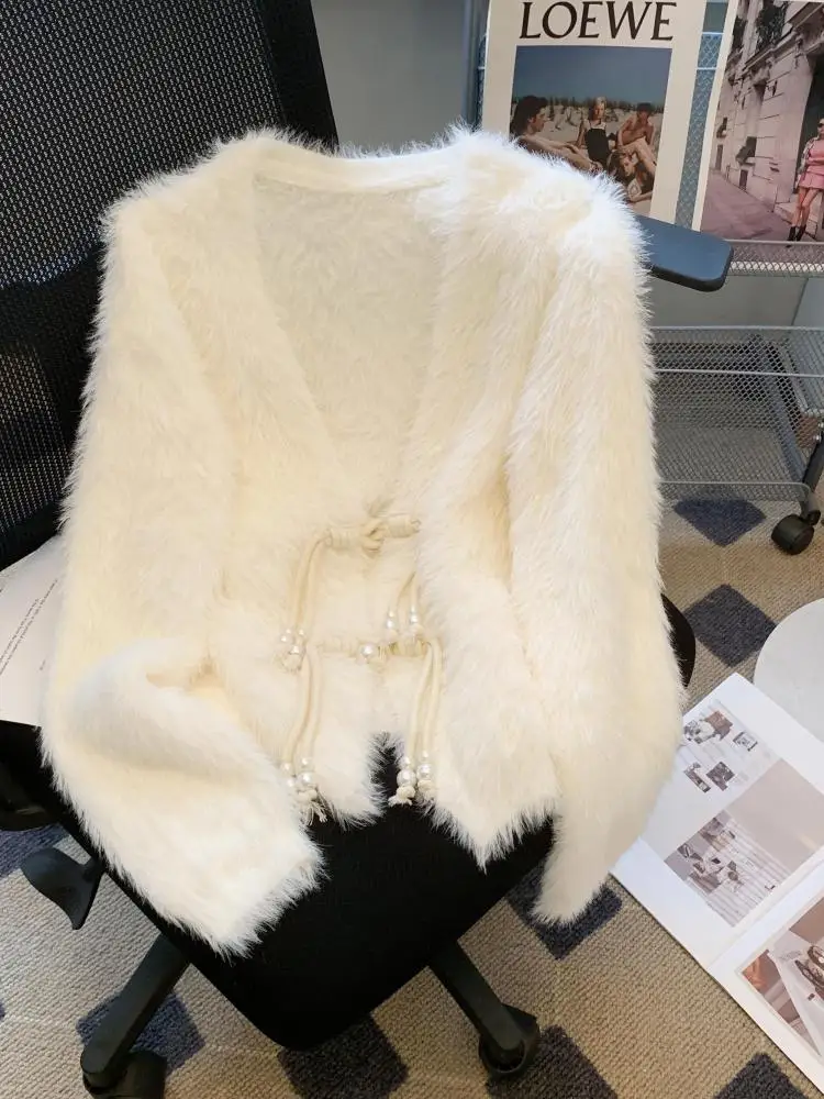 

Autumn Winter Chinese Style White V Neck Elegant Knitted Cardigan Tops Women Beige Single Breasted Long Sleeve Mink Sweater Chic