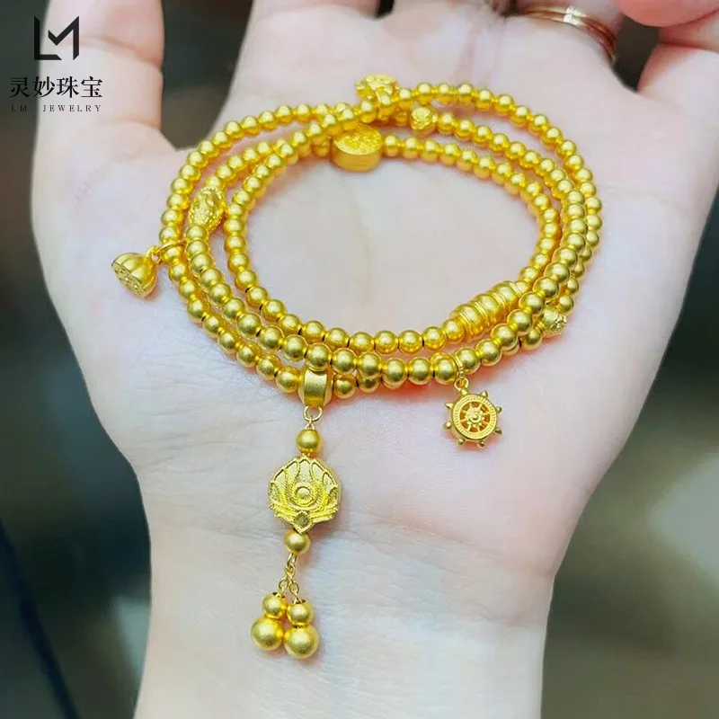 

9999 24K real gold luxury jewelry beads and beads are happy three-ring bracelet women's pod bracelet sweater chain