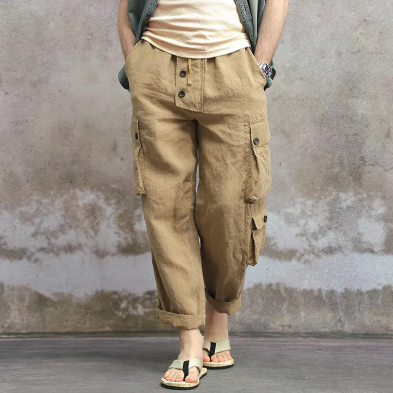 HKSH Spring Summer New Men's Tide Hemp Loose Washed Wide-Leg Cargo Pants Elastic Waist Multi-pocket Casual Light Luxury HK26266