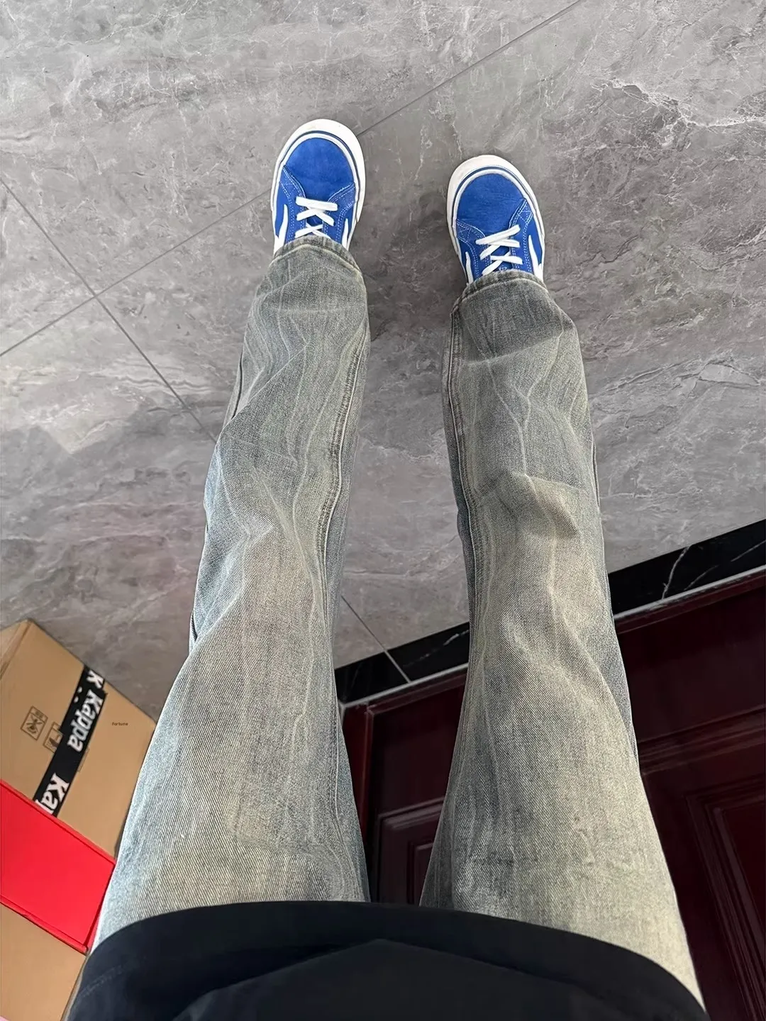 

American Retro Lightning Pattern Jeans Men's Straight Leg Slimming Pants High Street Vibe Leg Lengthening Micro Flared Pants