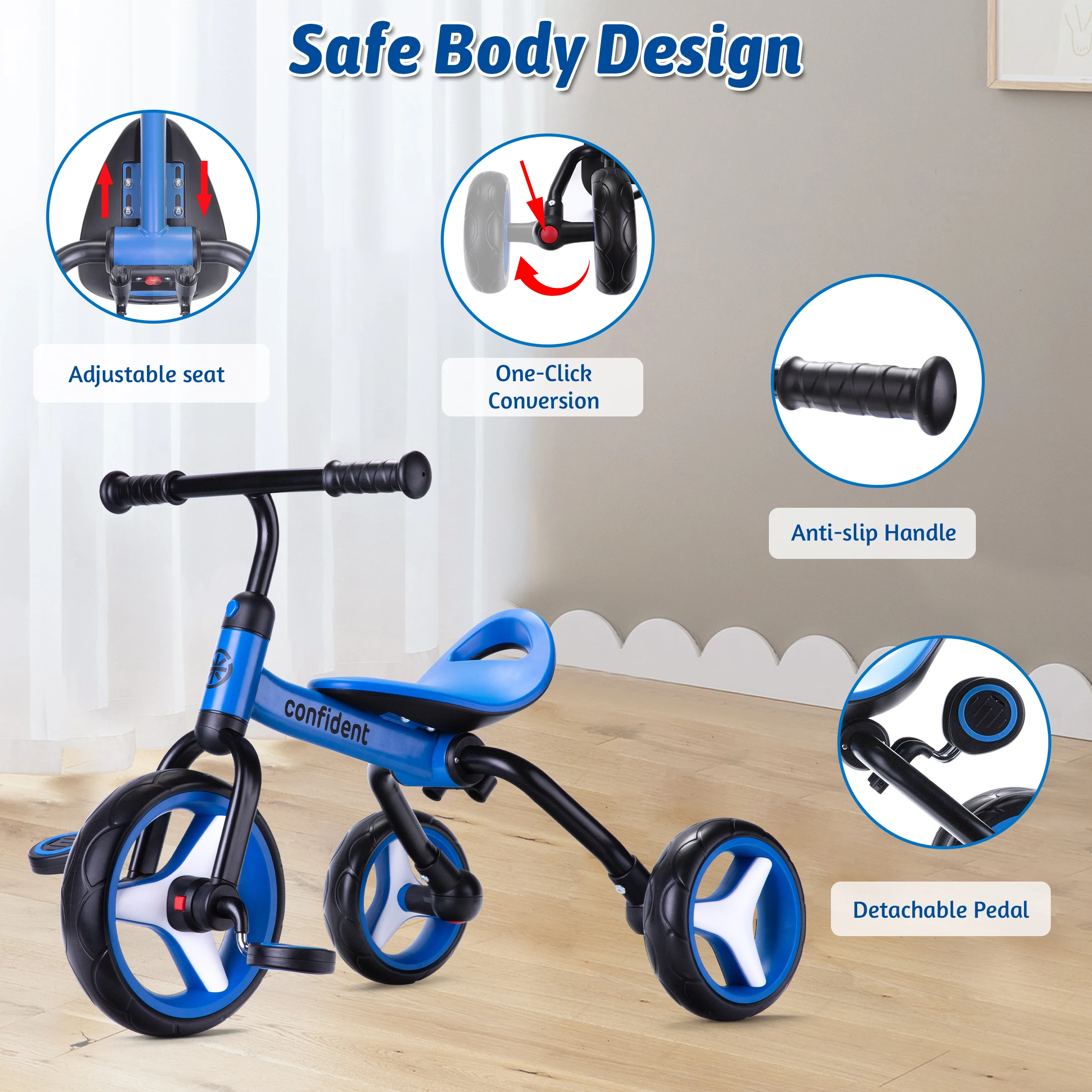 4 In 1 Kids Tricycle For 2-5 Years Old Boy & Girl Gift, Folding Toddler Balance Bike With Removable Pedals Balance Training Bike