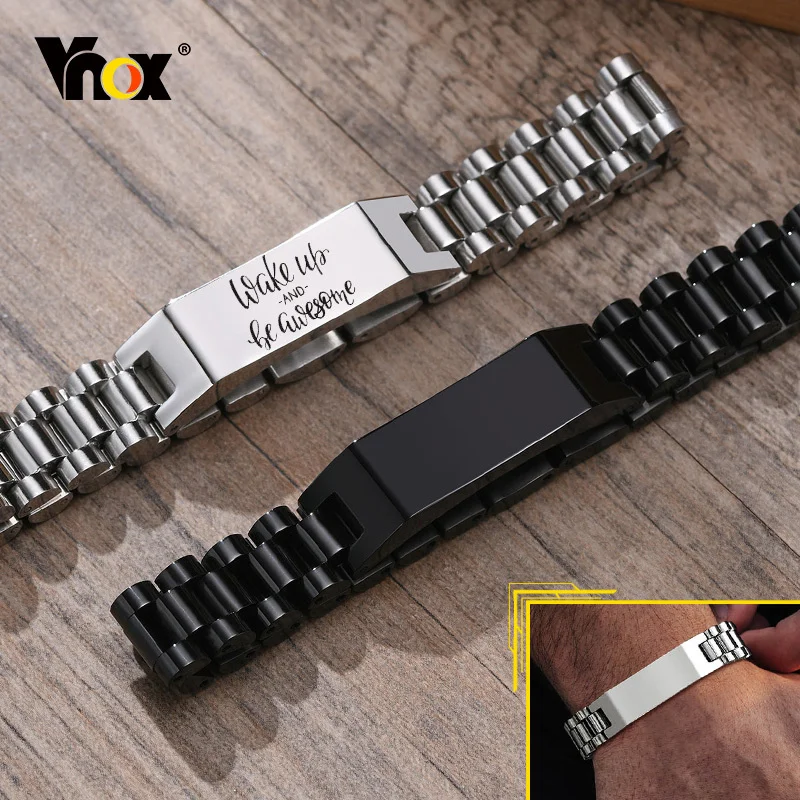 Vnox 12mm Free Customize Engrave Bracelet for Men, Black Stainless Steel Watch Band Wristband, Personalized Gift for Dad Him