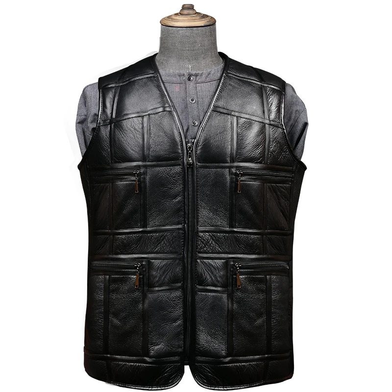 

New Fashion Leather Vest Men's Suit Leather Waistcoat Winter Sheepskin Vests Genuine Leather Patchwork Tops Plus Size XL-XXXXXL