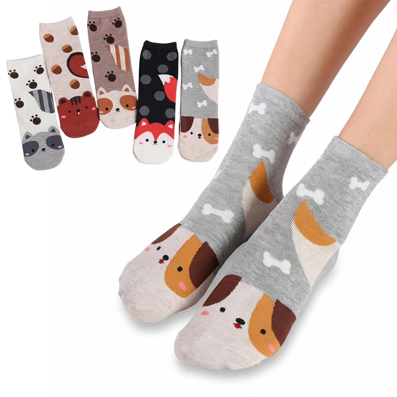 

5 пар новых носков с мультяшными принтами: милые женские хлопковые носки с рисунками животных (лисица, собака, медведь, кошка), повседневные носки для студентов, женские.