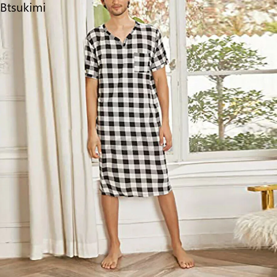 

2025 Men's Casual Cotton Plaid Sleep Robe Pajamas Short Sleeve V-neck Homewear One-piece Comfortable Home Loose Bathrobe Male