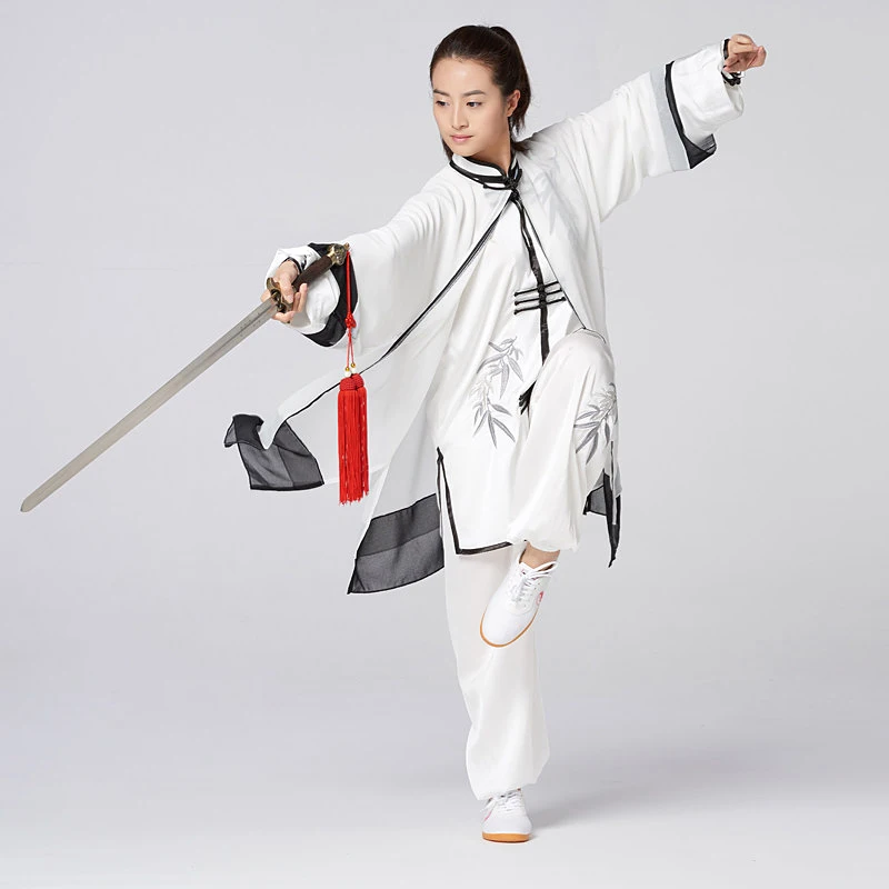 Women's Unisex Tai Chi Suit 3-Piece Set Silver Bamboo Embroidery Shawl Collar 3-Row Elongated Buttons Performance Competition We