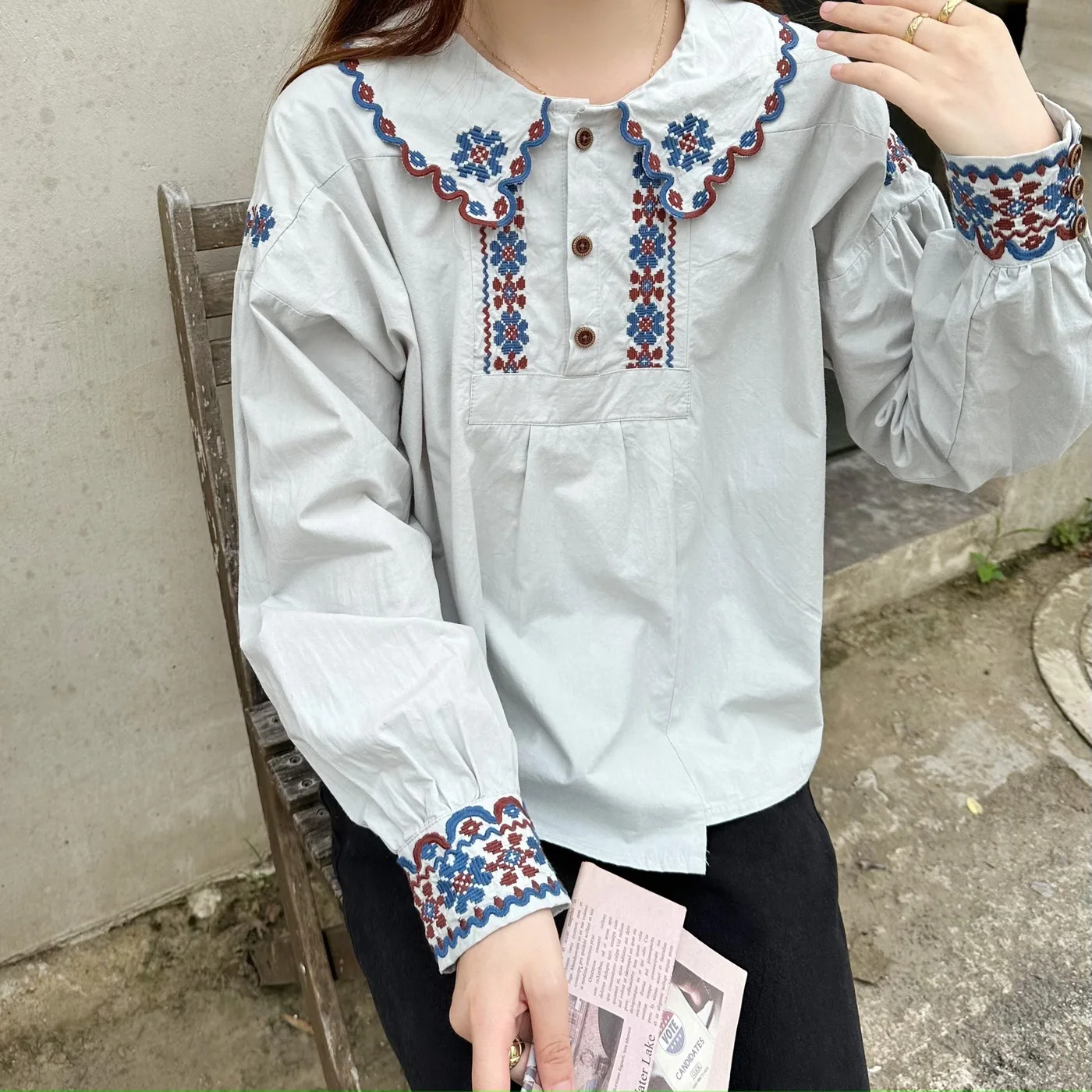 Fall clothes 2024 women ethnic embroider white shirts for women Japanese retro cotton long sleeve blouses morigirl tops