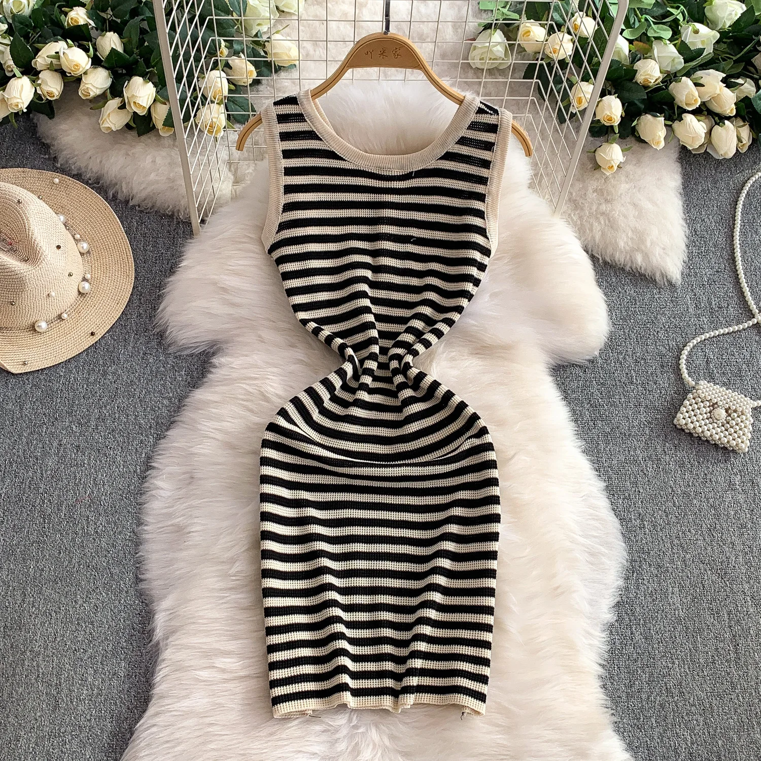 New Summer Women O-neck Sleeveless Knitted Dress Metal Button Double Pokets Striped Elastic Slim Vest Dress Office Lady Outfits