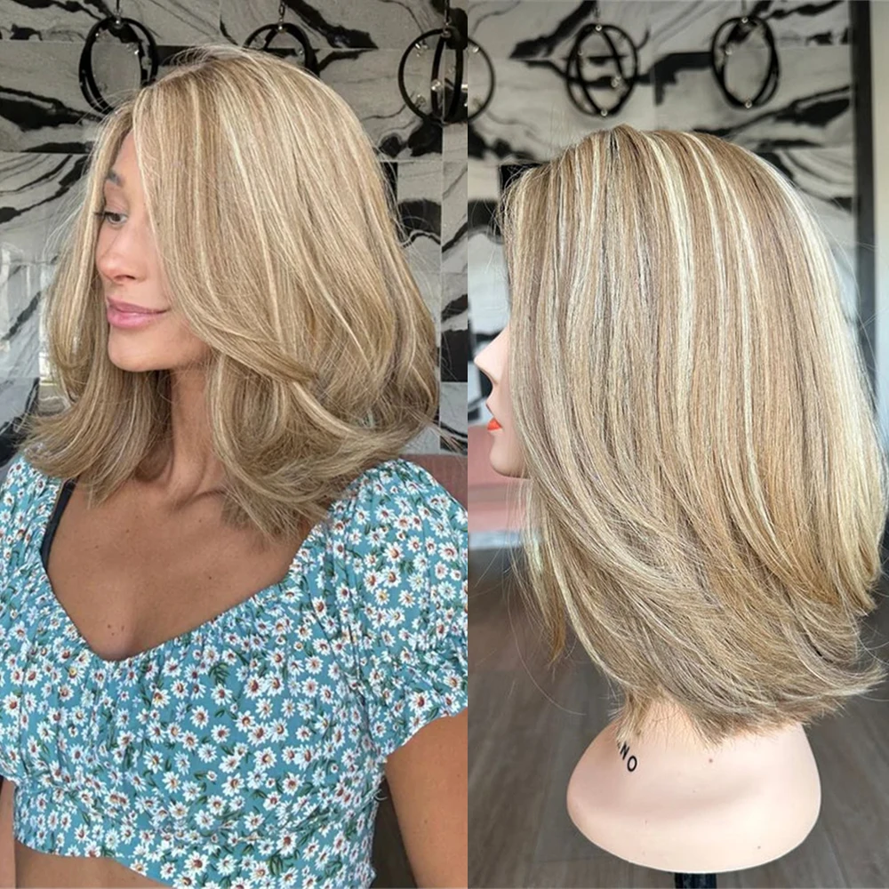 2026 New Style Wig Premium Synthretic Fibre Warm Blonde Lace Front Wig Balayage Highlights Bob Layered Short Natural Wave Wig