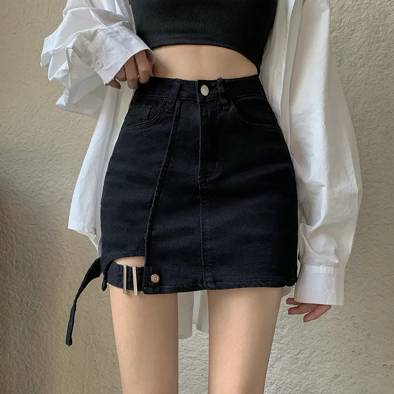 Women Black Gothic Emo Denim Skirt Vintage Jean Skirt Harajuku Korean Style Y2k Wrap Cowboy Skirts 2000s Clothes Spring Summer