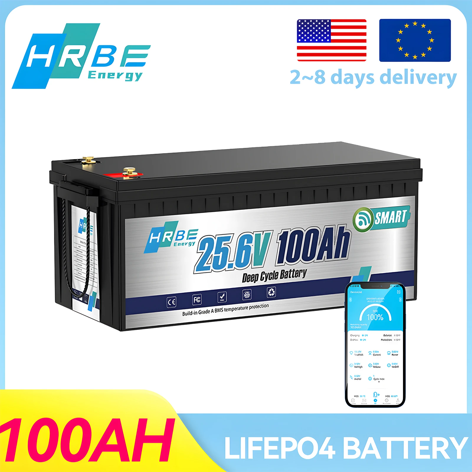 HRBEEnergy 24V 100AH Bluetooth LifePo4 Lithium Battery With BMS with Low Temperature Protection for Off-Grid,Home Power System