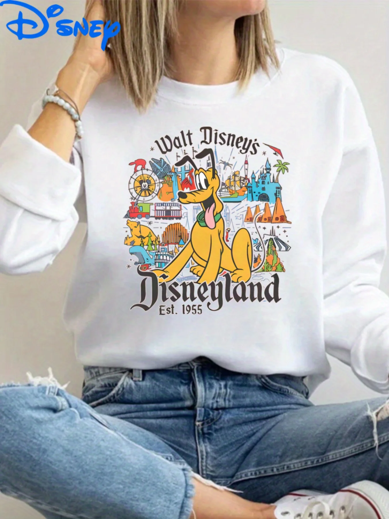 Sweat-shirt à motif Disneyland pour femme – Design rétro de fête d'anniversaire Mickey Mouse (foundé en 1955) – Pull gris à col rond