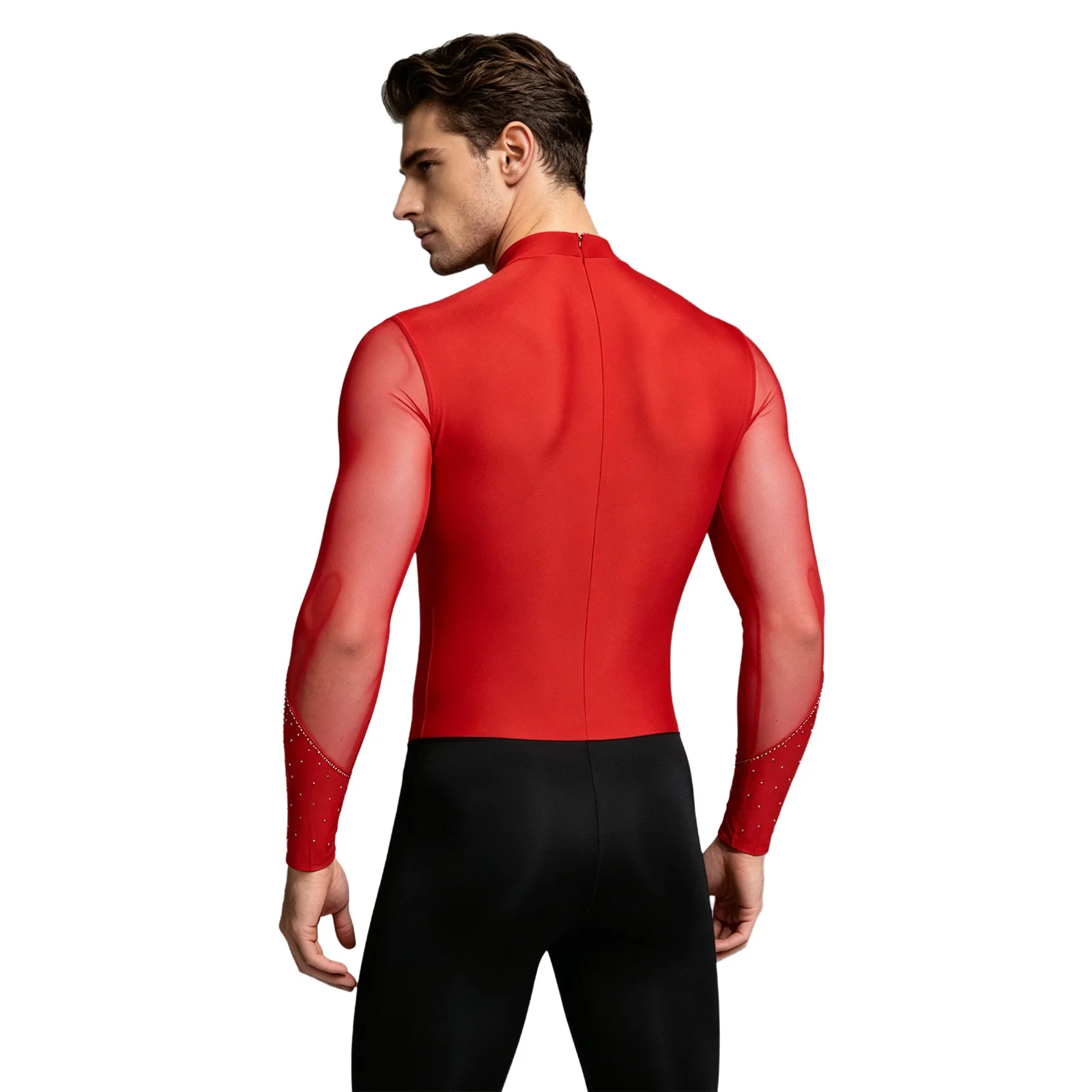 Herren Gymnastik Latin Ballett Tanz Performance Eiskunstlauf Kostüm Glitzer Strass Mesh Trikot Overall Bodysuit Shirts – Detail 16