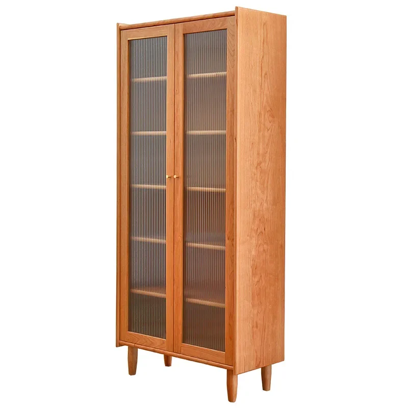 X40 Solid Wood Two-door Bookcase Floor-to-ceiling Cherry Wood With Glass Door Layered Shelf Japanese-style Storage Nordic