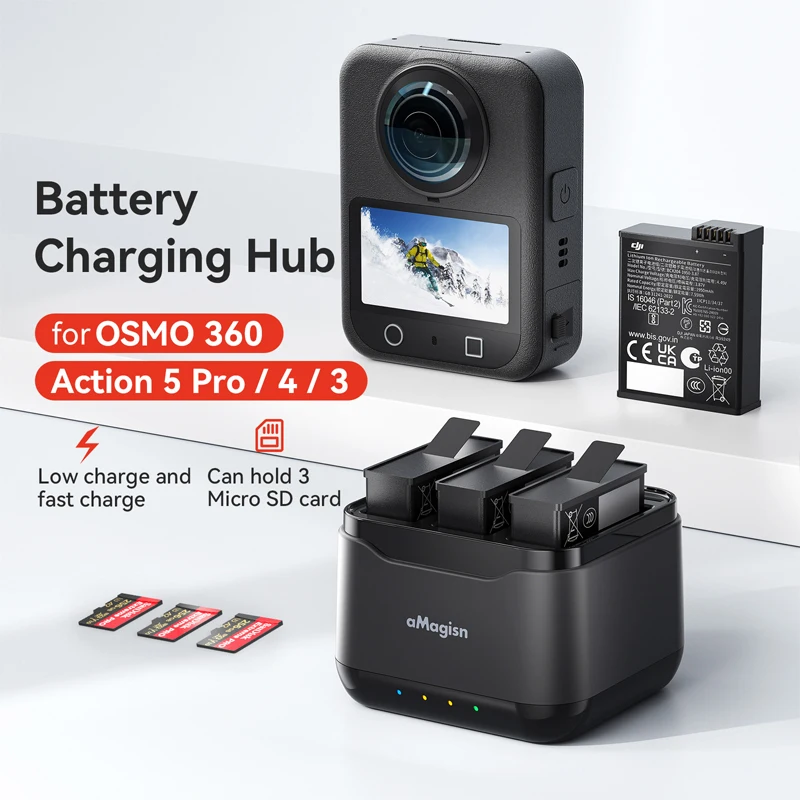 

Зарядная док-станция для DJI Osmo Action 5Pro/4/3, 3-слотовое безопасное быстрое зарядное устройство с держателем для карт Micro SD, аксессуары для камеры
