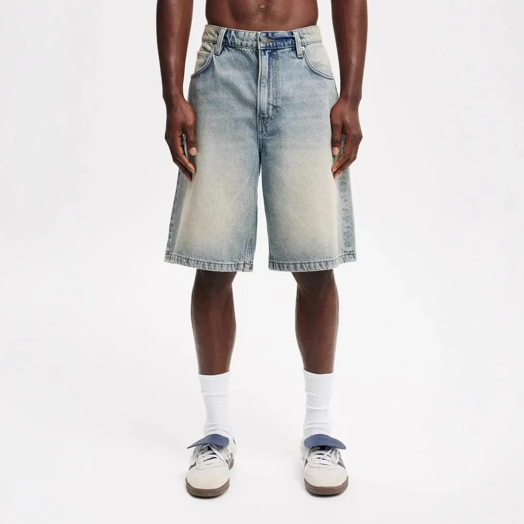 

American and European New Fashion Men's Casual Trendy Loose Wide Leg Jeans Shorts Solid Color Knee Length Denim Shorts Male