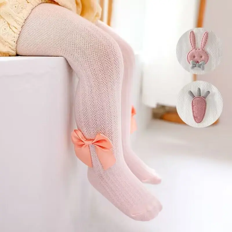 

Tights For Girls Summer Pantyhose Soft Cotton Mesh Breathable Bowknot Decor Tights Princess Stocking Kids Anti-mosquito Leggings