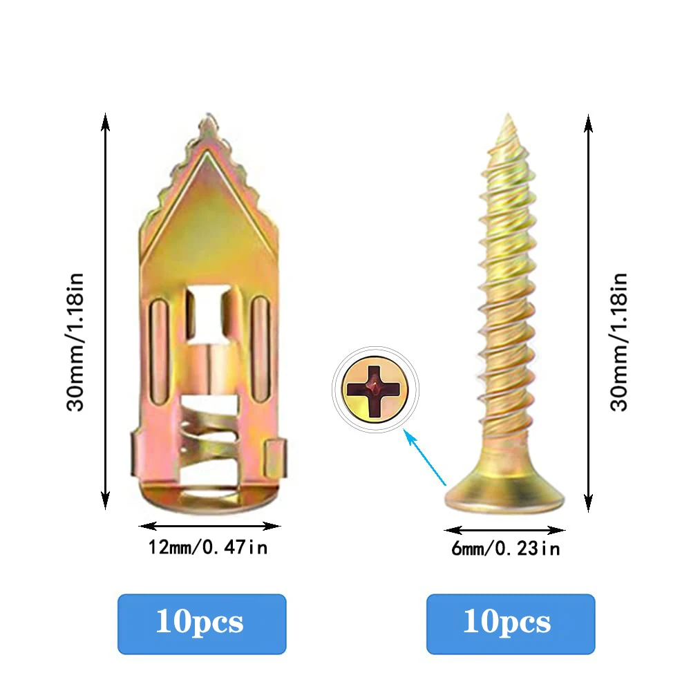 10pcs Hammer in Metal Drywall Anchors 10x30mm with Self Tapping Screws Kit, Wall Anchor Fixing Plug and Screw for Plasterboard