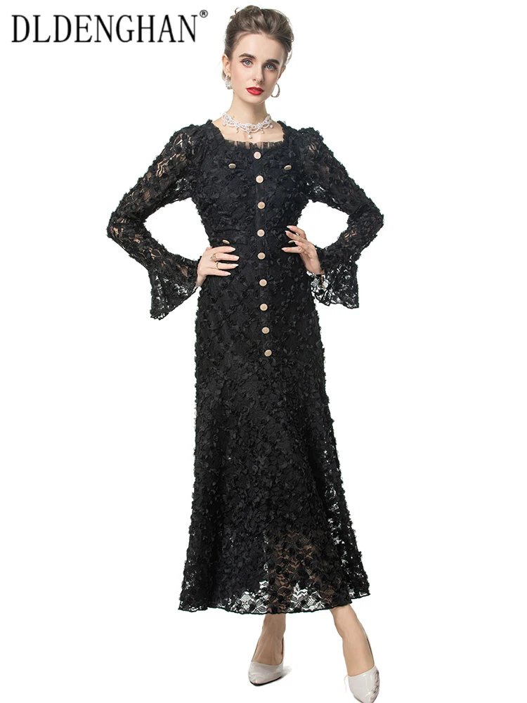 

DLDENGHAN Women Square Collar Flare Sleeve Button Black Vintage Appliques Lace Dresses Fashion Spring New