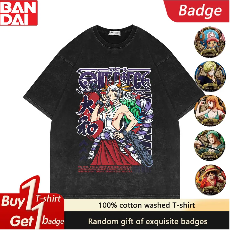 

Y2k One Piece Yamato Men's T-shirts Vintage Washed Anime Print Women's Oversized Short Sleeved Tee Casual Streetwear Tops Summer