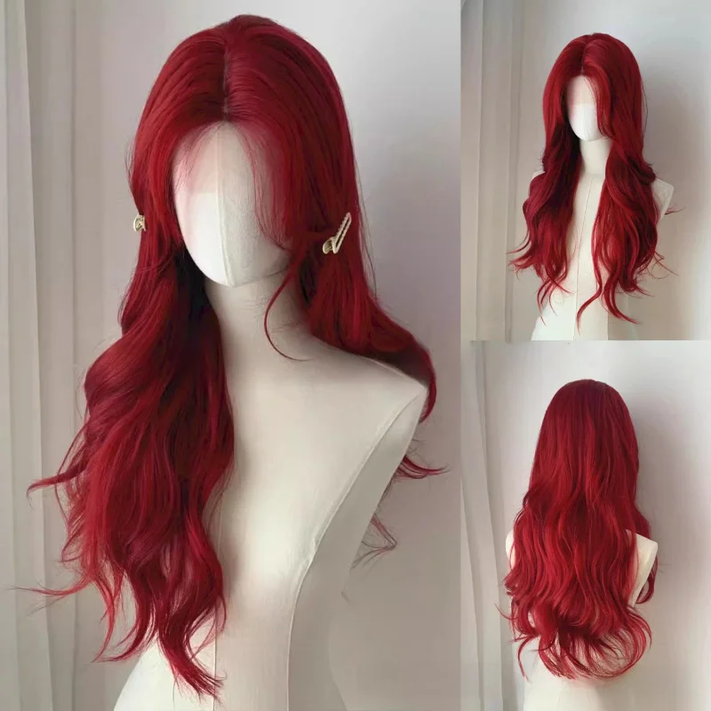 

Mera·Red Wig for Women Full Head Set with Bangs, Neptune Red Big Wavy Hair, UniversalcosAutumn and Winter Chemical Synthetic Wig