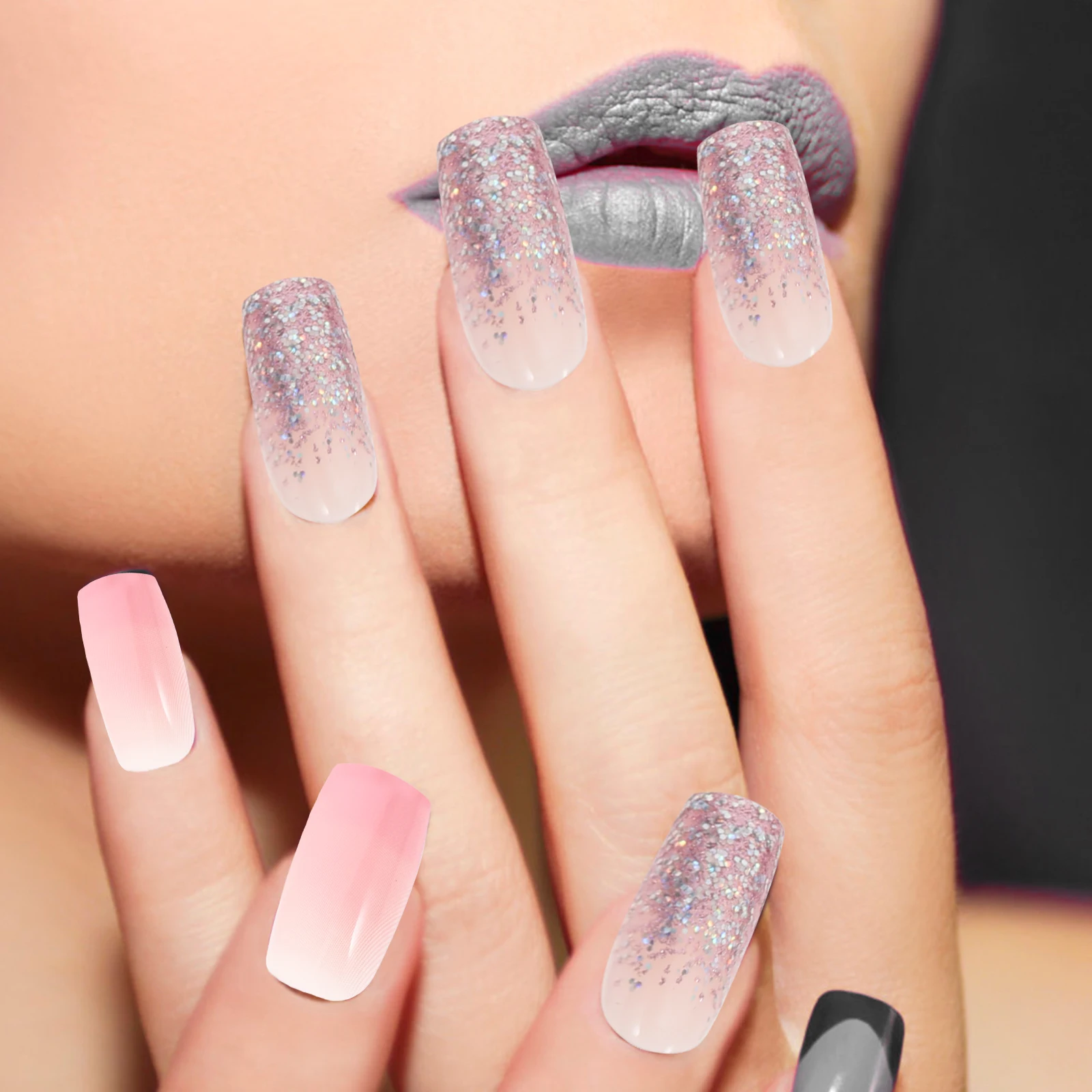 

24pcs Fake Nails Pink Gradient Glitter Press On Nails Removable DIY Manicure Supplies Women Nail Art Accessories