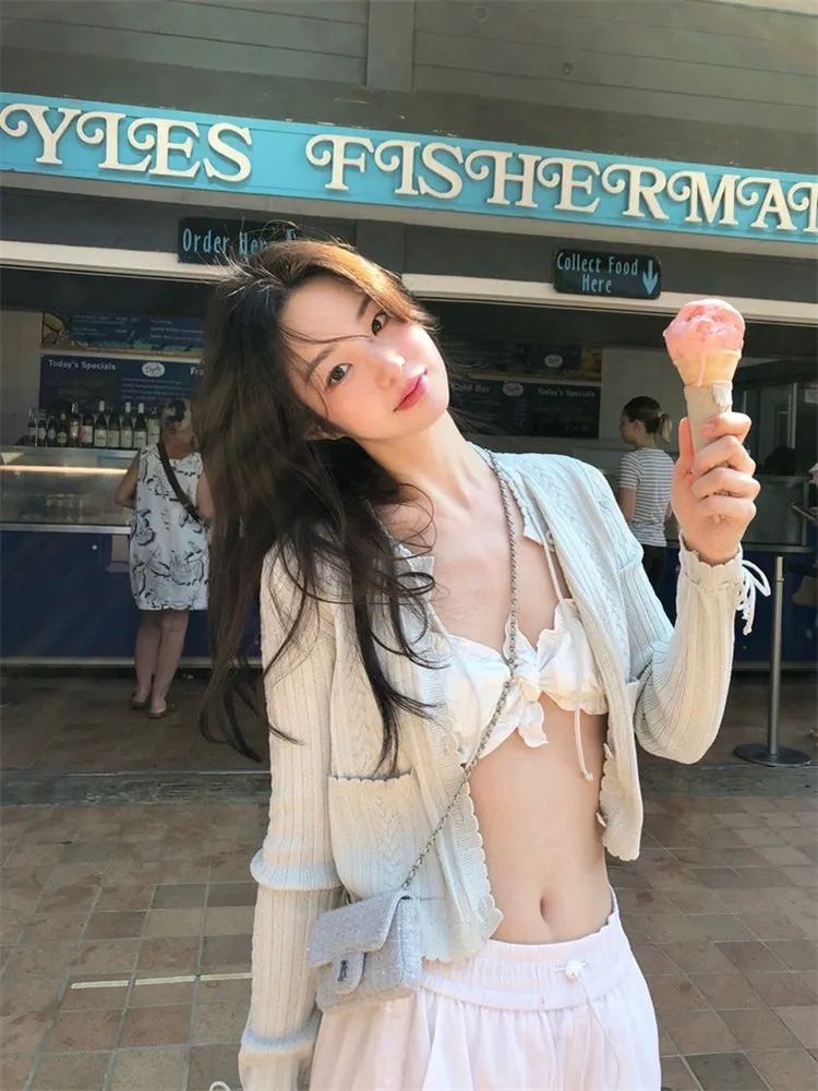 Dongdaemun Acht Milch Barnnet Gestrickte Wrap Pullover Set frauen Sommer Vibes Süße Aosphere Gebunden Waisetaanget Outfit