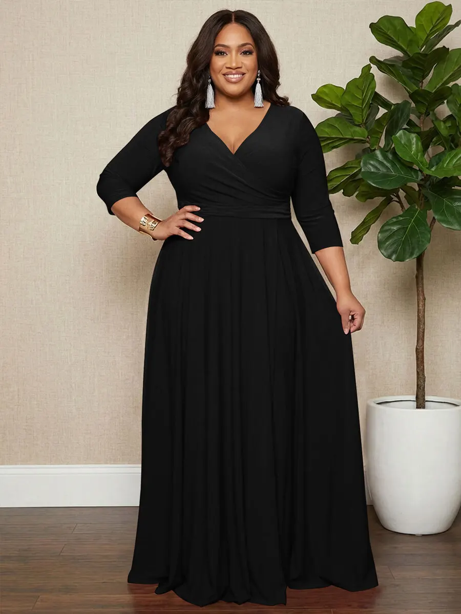 

Plus Size Women's V-Neck Wrap Front Long Dress with 3/4 Sleeves