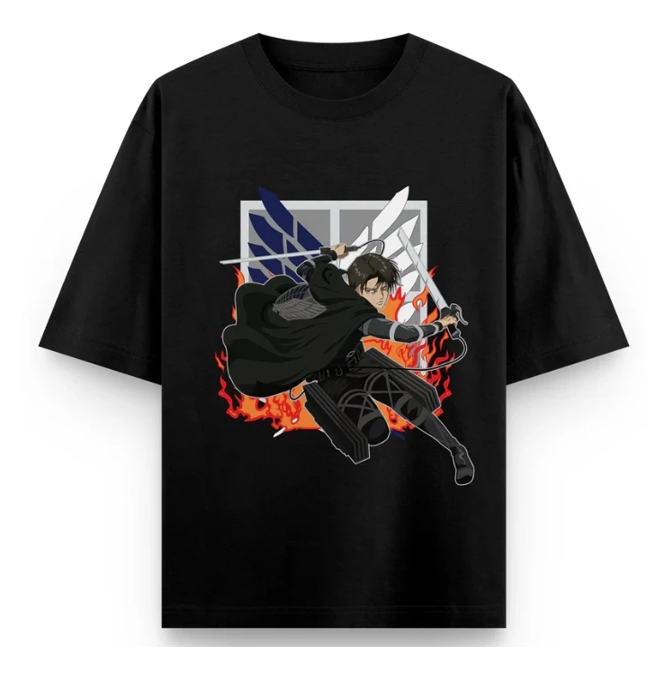 

men's anime t-shirt loose fit cotton casual streetwear with fire print and scout regiment logo summer style