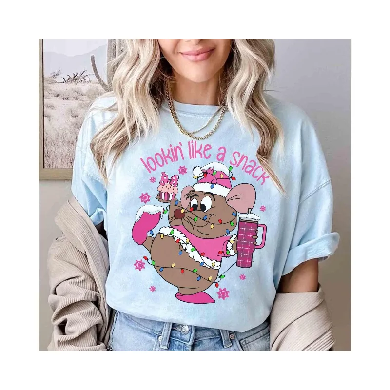 سانتا كلوز غوس غوس ماوس الوردي عيد الميلاد البلوز الخفيف، سندريلا بيبيدي بوبيدي بو تي شيرت للجنسين قميص قطني