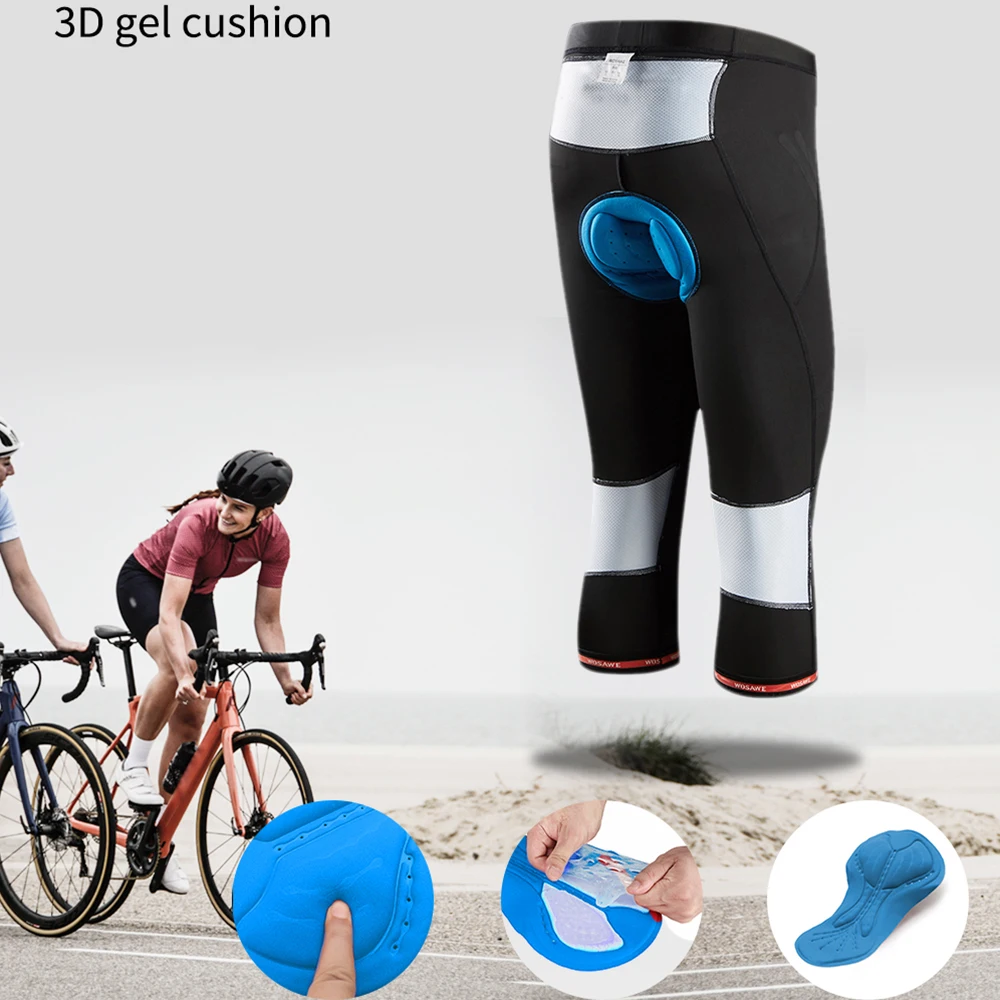 WOSAWE Men Cycling Pants 3/4 Summer Breathable Gel Pad Compression Tights Bike Bicycle Trousers MTB Road Bike Capris Refleective