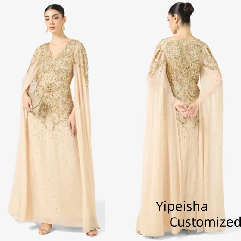 

Роскошные сексуальные вечерние платья с v-образным вырезом и кристаллами по индивидуальному заказу, шифоновые блестки с накидкой и рукавами, вечернее платье для выпускного вечера, платье до щиколотки