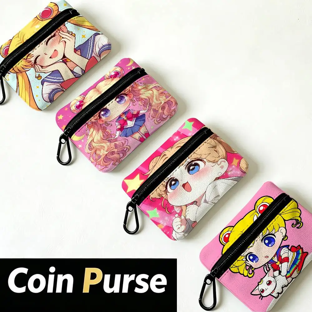 Supernatural Girl S-Sailor Moon Anime Lightweight Oxford Fabric Coin Purse Carabiner Hook Design Mini Card Key Organizer Bag