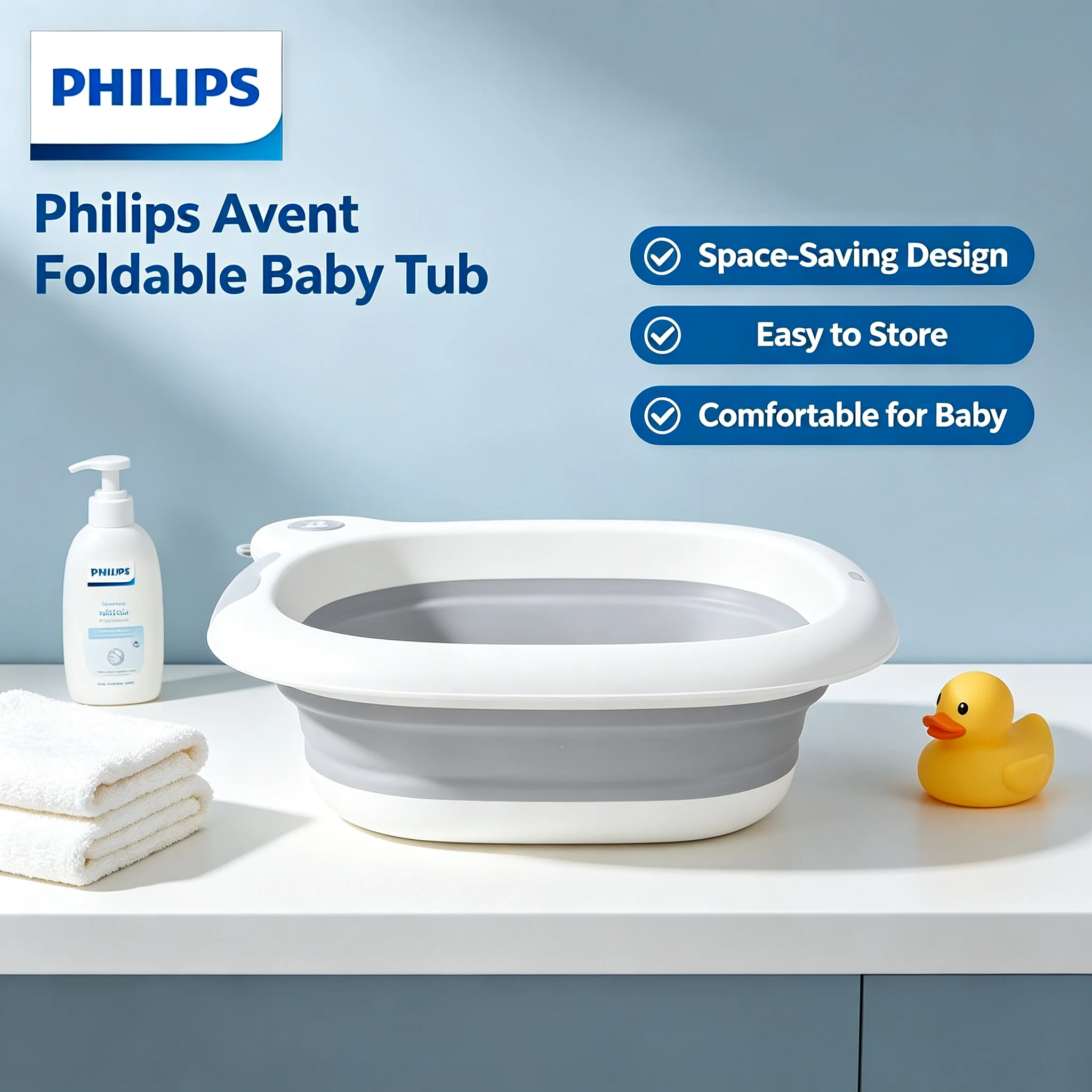 Philips Avent Foldable Antibacterial Baby Wash Basin, Portable Collapsible Baby Bath Tub for Newborn Infant Washing