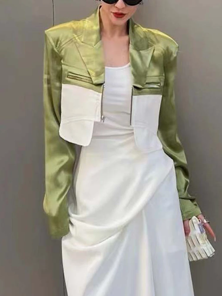 TWOTWINSTYLE Hit Color Blazers For Women Notched Collar Long Sleeve Spliced Zipper Slim Autumn Blazer Female Fashion Clothing