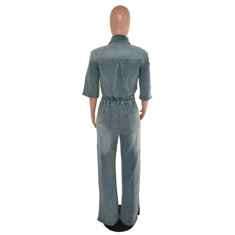 Slergiri Vintage Elastic Waist Washed Denim Jumpsuit Women Fashion New 2026 Summer Half Button Half Sleeve Loose Flare Pants view 5