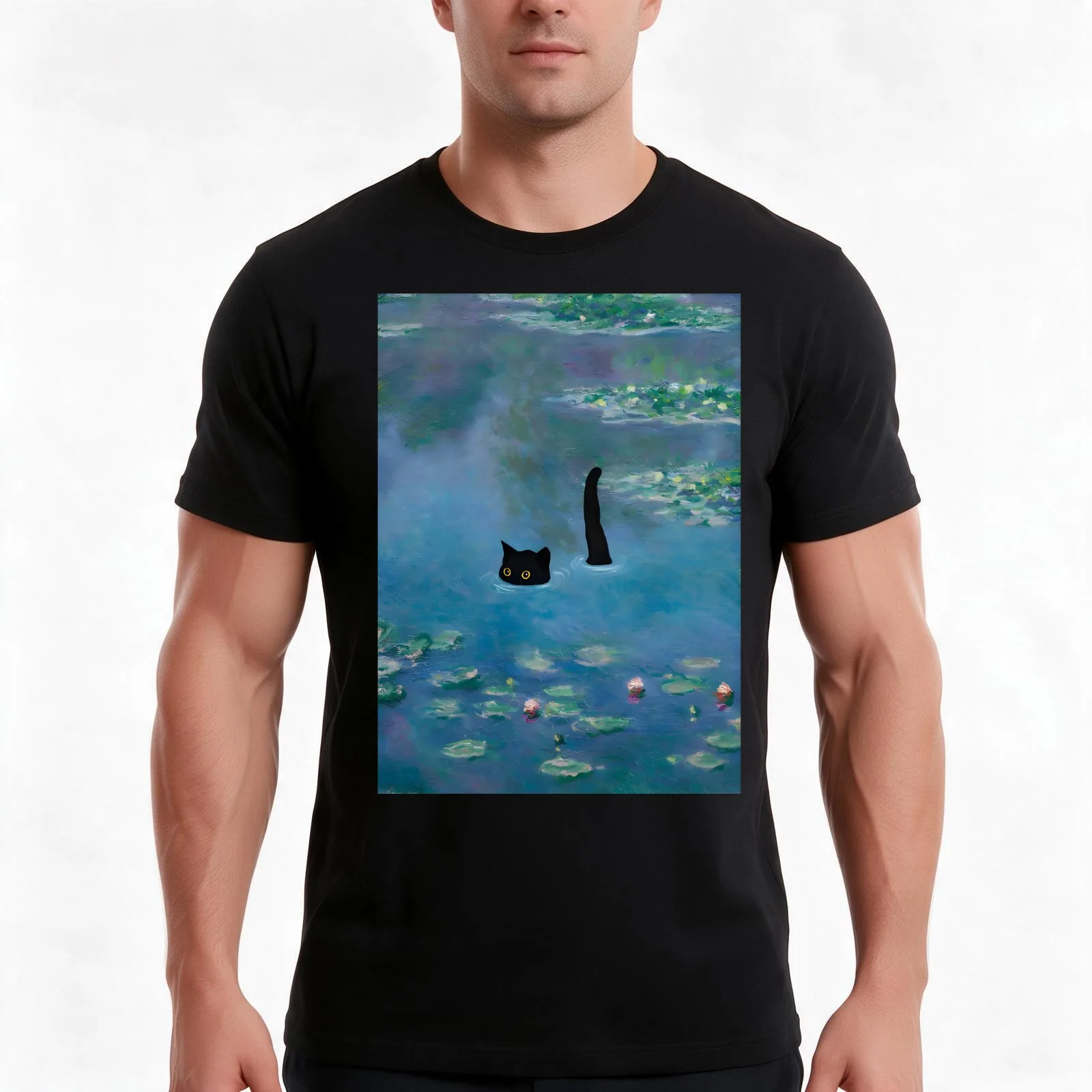 Cat Print Monet Waterlily T-Shirt Summer Casual Cotton Tee Oversized Streetwear Tops Vintage Graphic Print Unisex Men Women