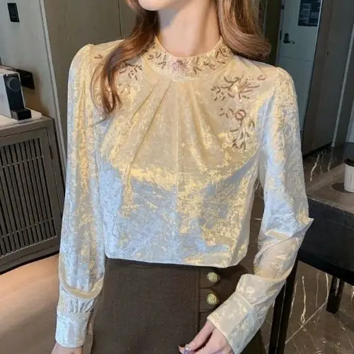 French Style Autumn Winter Women's Golden Velvet Mock Neck Patchwork Simplicity Office Lady Long Sleeve Loose Shirts Top LX602