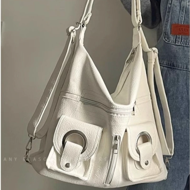 White Black Soft PU Leather Shoulder Bag Large Capacity Casual Crossbody Sling Purse Commute Handbag School Work For Women Girls