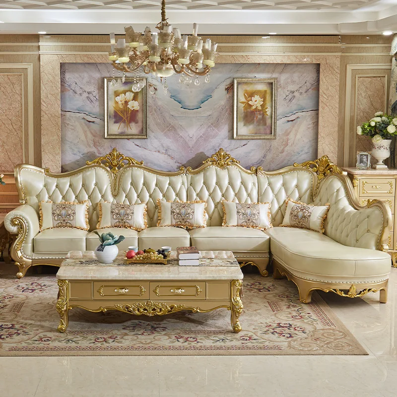 European leather sofa combination, luxury and light luxury in the living room