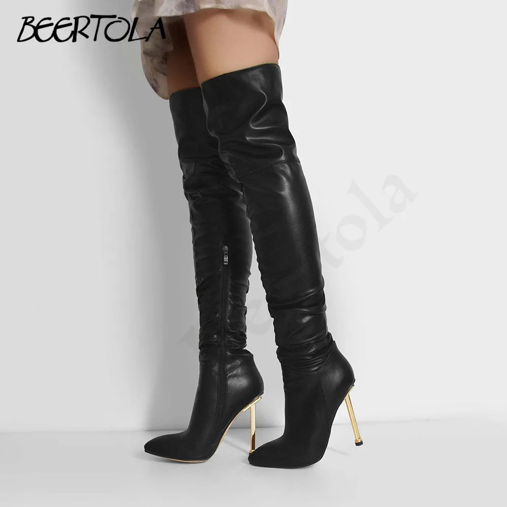 

Women's Gold-Plated Stiletto Boots Black Pleated Round Toe Super High Heel Leather Boots Catwalk Large Size Over The Knee Boots