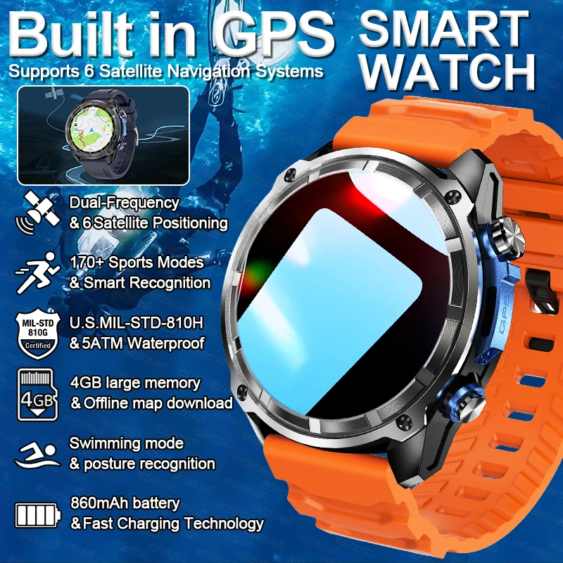

Outdoor Sport GPS Map Smart Watch 5ATM Waterproof Swim Watch Corning Gorilla Glass 4GB Memory Local music TWS SmartWatch For Men