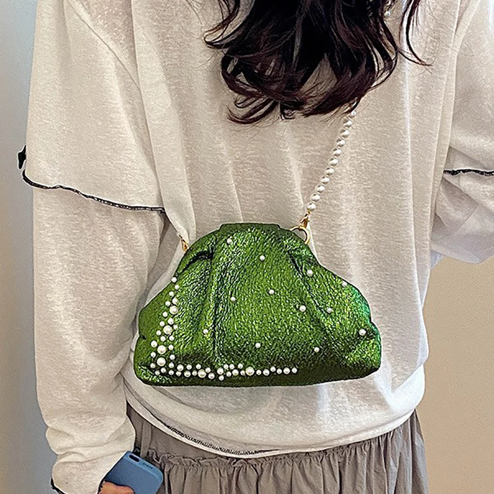 Korean Style Fashion Beading Crossbody Bag Women's Solid Color Shiny Soft Messenger Bags Banquet Party Versatile Shoulder Bags