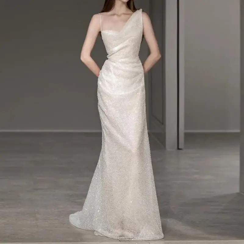 Robe de mariée sirène sexy avec bretelles spaghetti, robe de soirée à paillettes brillantes, robe simple et élégante, robe dos nu, mode éducative