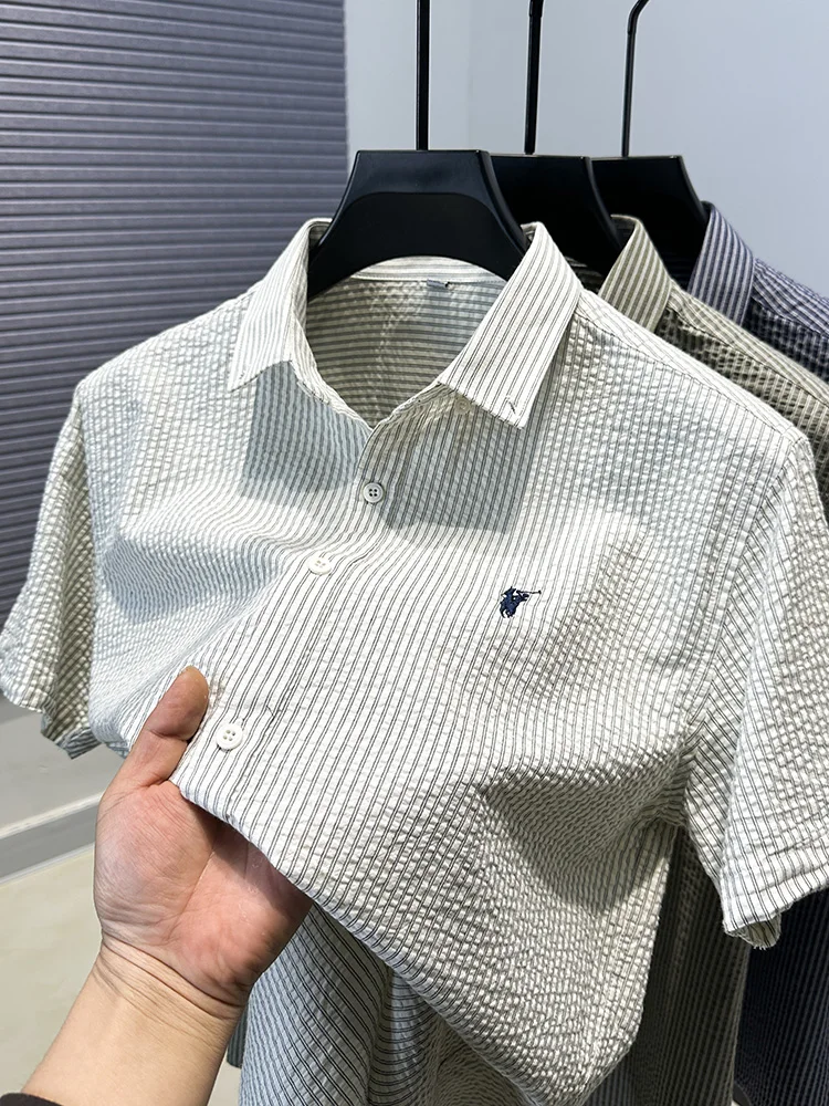 100% cotton high-end men's summer new classic fashion boutique lapel embroidered shirt short sleeved casual breathable top