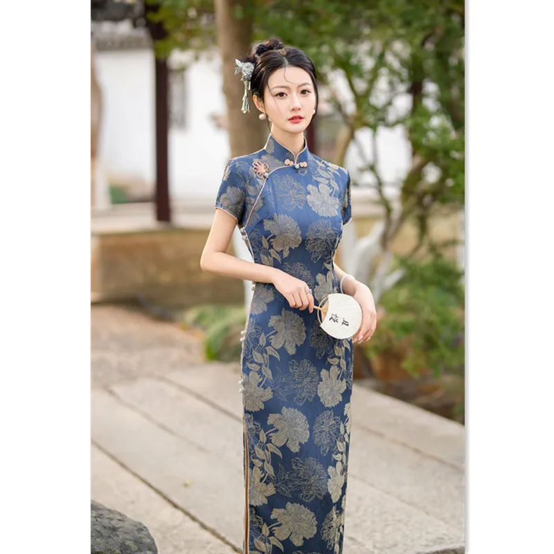 Retro สไตล์ชาติพันธุ์แขนสั้น Robe Qi Pao แบบดั้งเดิมวัยกลางคนผู้สูงอายุ Lady อารมณ์ Cheongsam