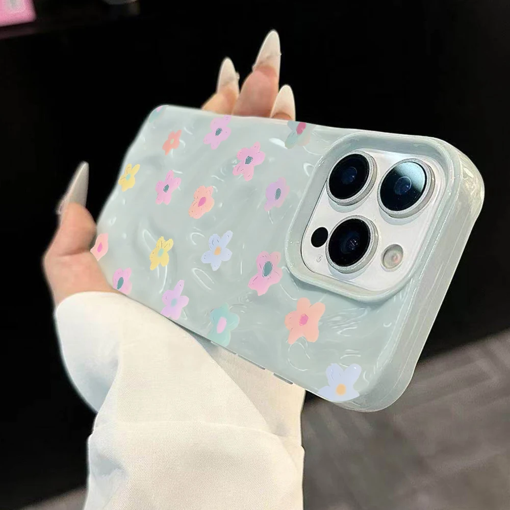 Einfache Handyhülle mit Frühlingsblumenmuster für iPhone 17 16 15 14 13 12 11 Pro Max 14 Plus 17Air, weiche Silikonhülle mit Falten-Wellen-Design – Detail 1
