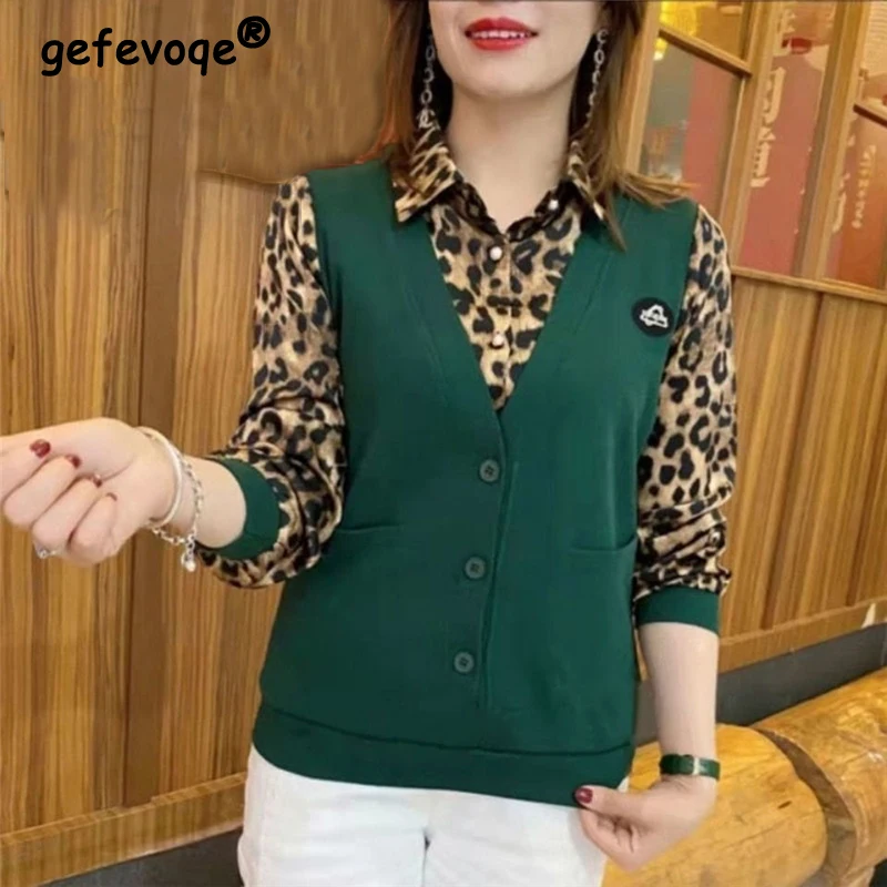 

Women's Clothing Autumn Winter Fashion Leopard Print Patchwork Sweatshirt Ladies Long Sleeve Pockets Button Fake Two Piece Tops