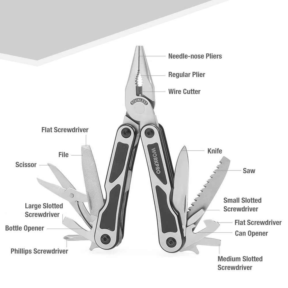 WORKPRO-Multi Pliers Set, Multi Pliers, Portable Tool, Camping Knife, Outdoor Survival Knives, Hunting Tactical, 15 in 1, 3 Pcs