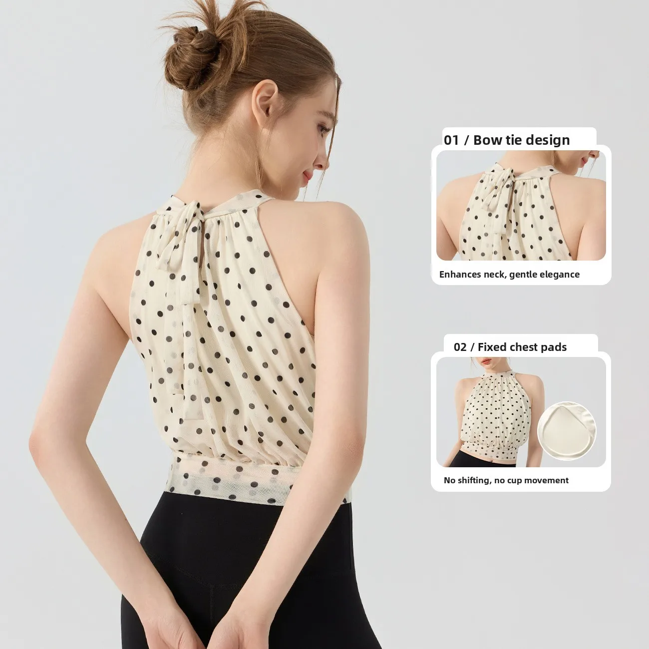 Dot Pattern Yoga Tank Top Neck Hanging Strap Fixed Cup Wireless Breathable Quick Dry Nylon Spandex Women's Sexy Outerwear